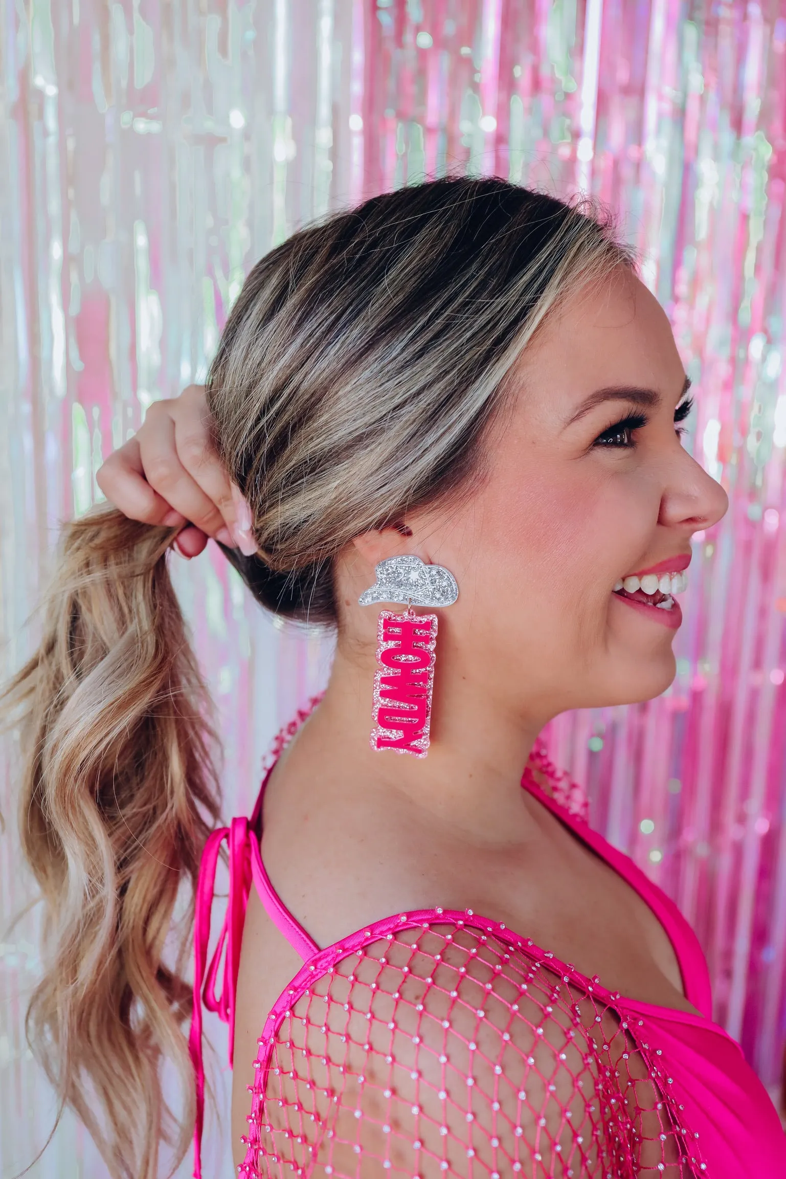 Cowboy Hat "Howdy" Glitter Earrings - Pink