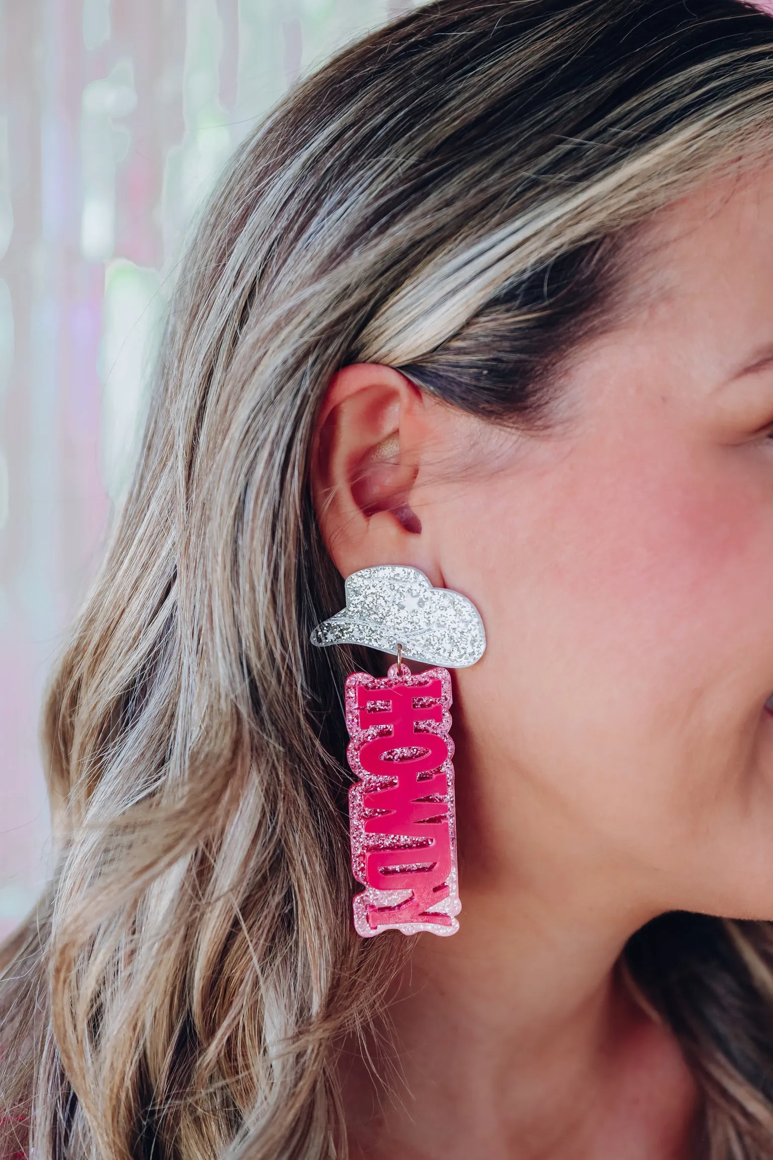 Cowboy Hat "Howdy" Glitter Earrings - Pink