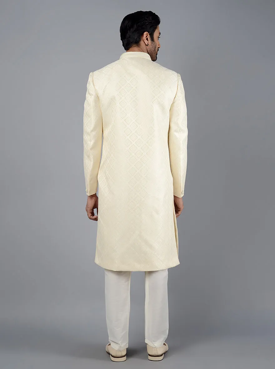 Cream Self Design Regular Fit Sherwani | Azania