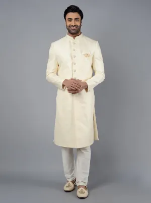 Cream Self Design Regular Fit Sherwani | Azania