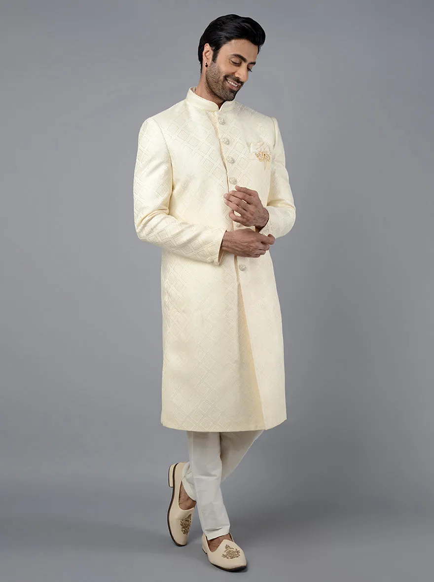 Cream Self Design Regular Fit Sherwani | Azania