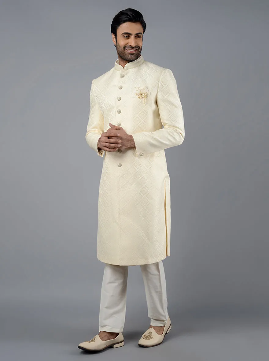 Cream Self Design Regular Fit Sherwani | Azania