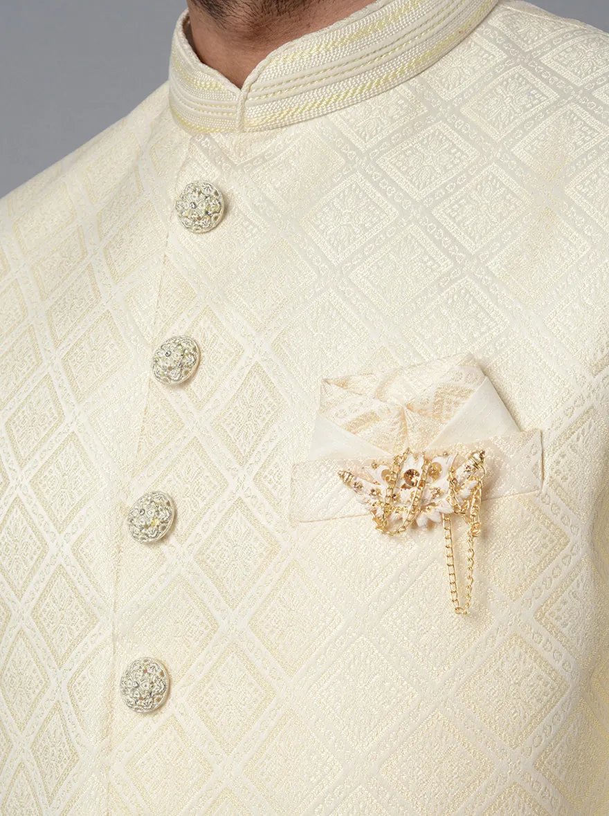 Cream Self Design Regular Fit Sherwani | Azania