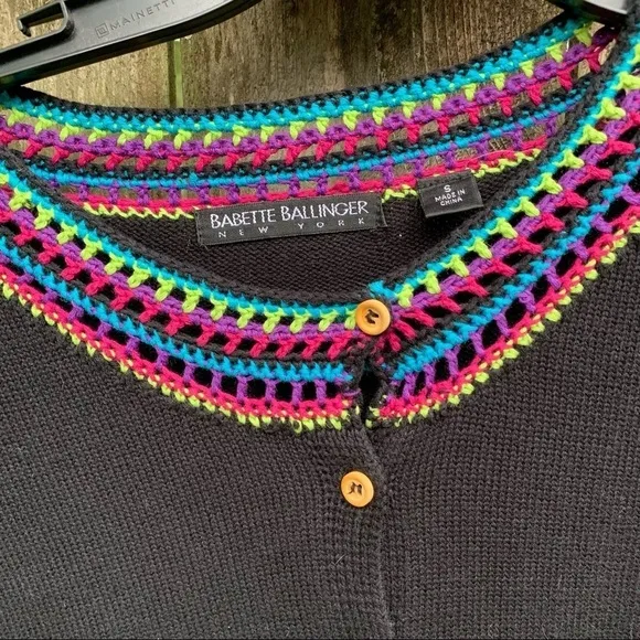 Crochet bright multicolor trim tank top and cardigan set black wooden buttons