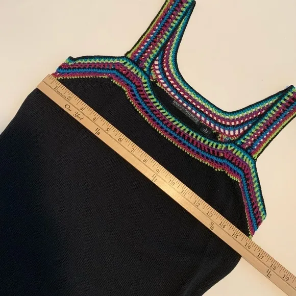 Crochet bright multicolor trim tank top and cardigan set black wooden buttons