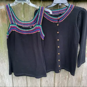 Crochet bright multicolor trim tank top and cardigan set black wooden buttons