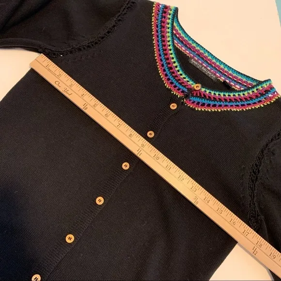 Crochet bright multicolor trim tank top and cardigan set black wooden buttons