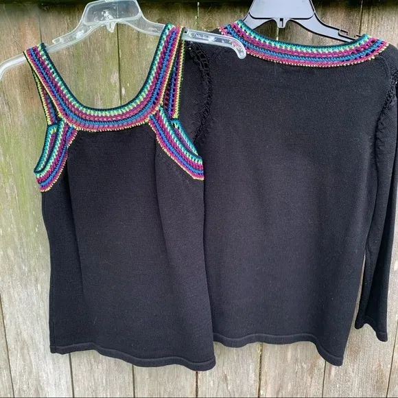 Crochet bright multicolor trim tank top and cardigan set black wooden buttons