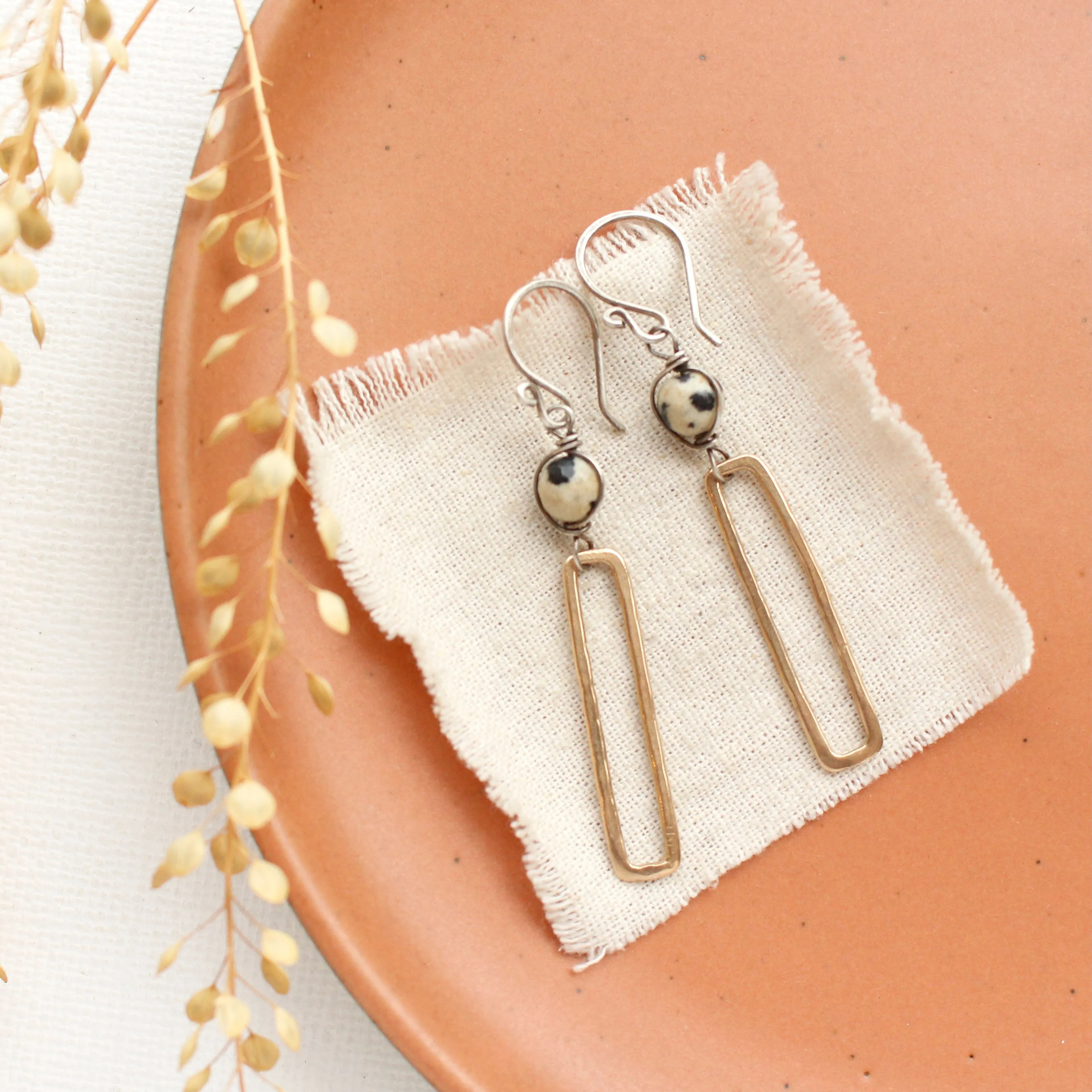 Dalmatian Jasper Bronze Bar Earrings