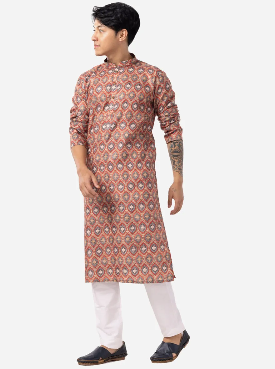 Designer Golden & Orange Printed Kurta | The Kurta Company