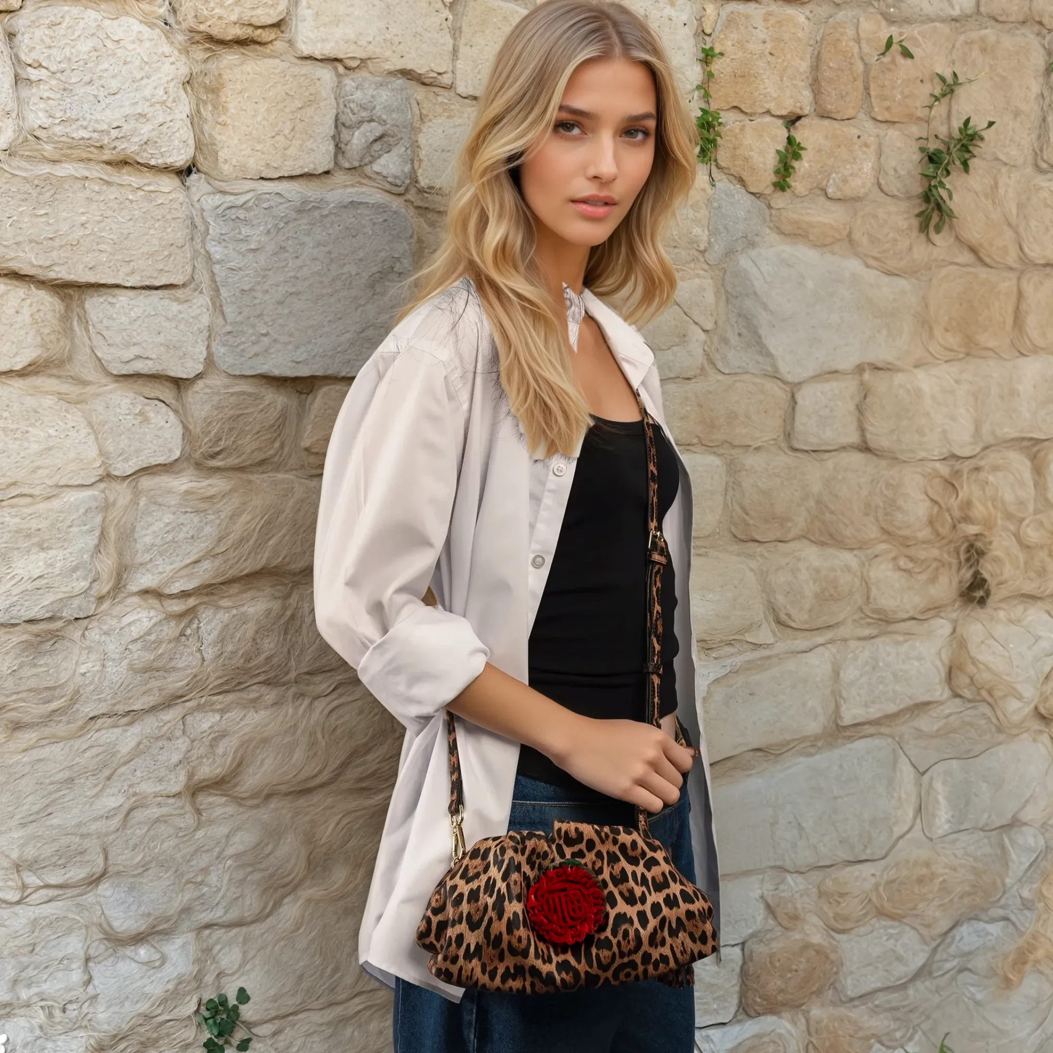 DESTI SAINT | Nzuri Patty Pouch | Leopard Print Leather w Red Jade Stone Ingot