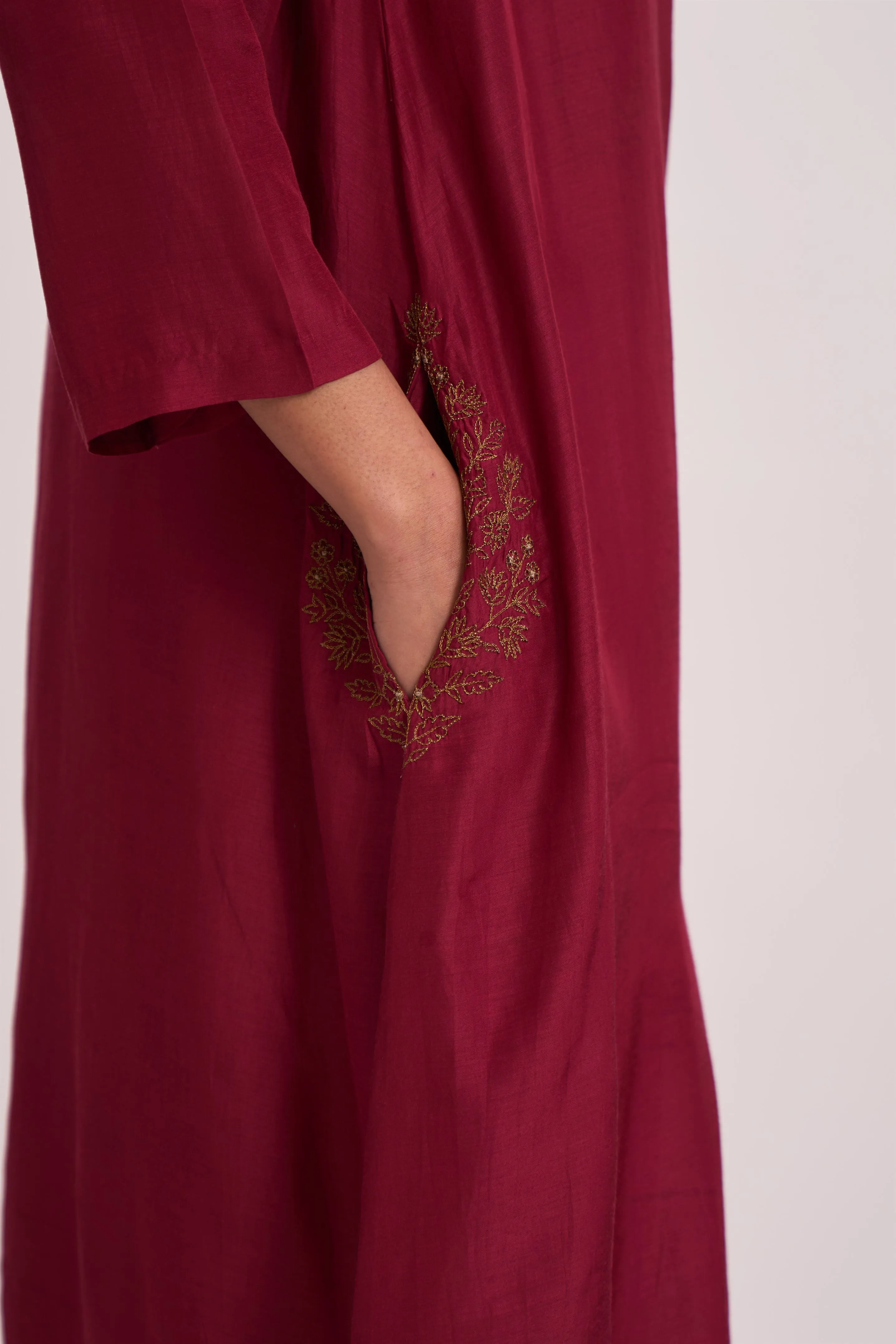 Dot   I   Pocket Style Lusail Kurta Set Cotton Silk Fabric is used in Kurta set Deep Red  SS24-PS-R