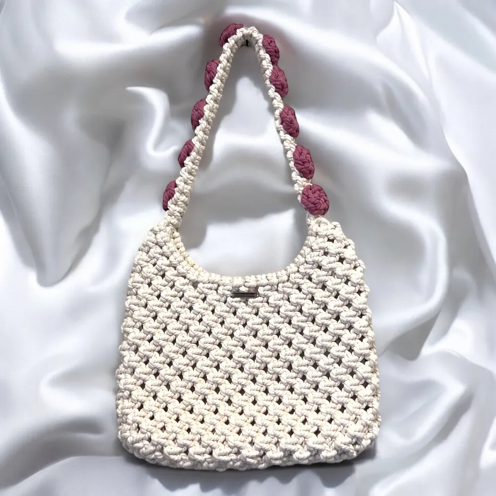 Ecru & Dusty Rose Macrame Shoulder Bag
