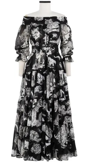 Eden Dress #2 Smock Shoulder 3/4 Sleeve with Hamilton Belt Maxi Length Cotton Musola (Tiger Toile Bright)