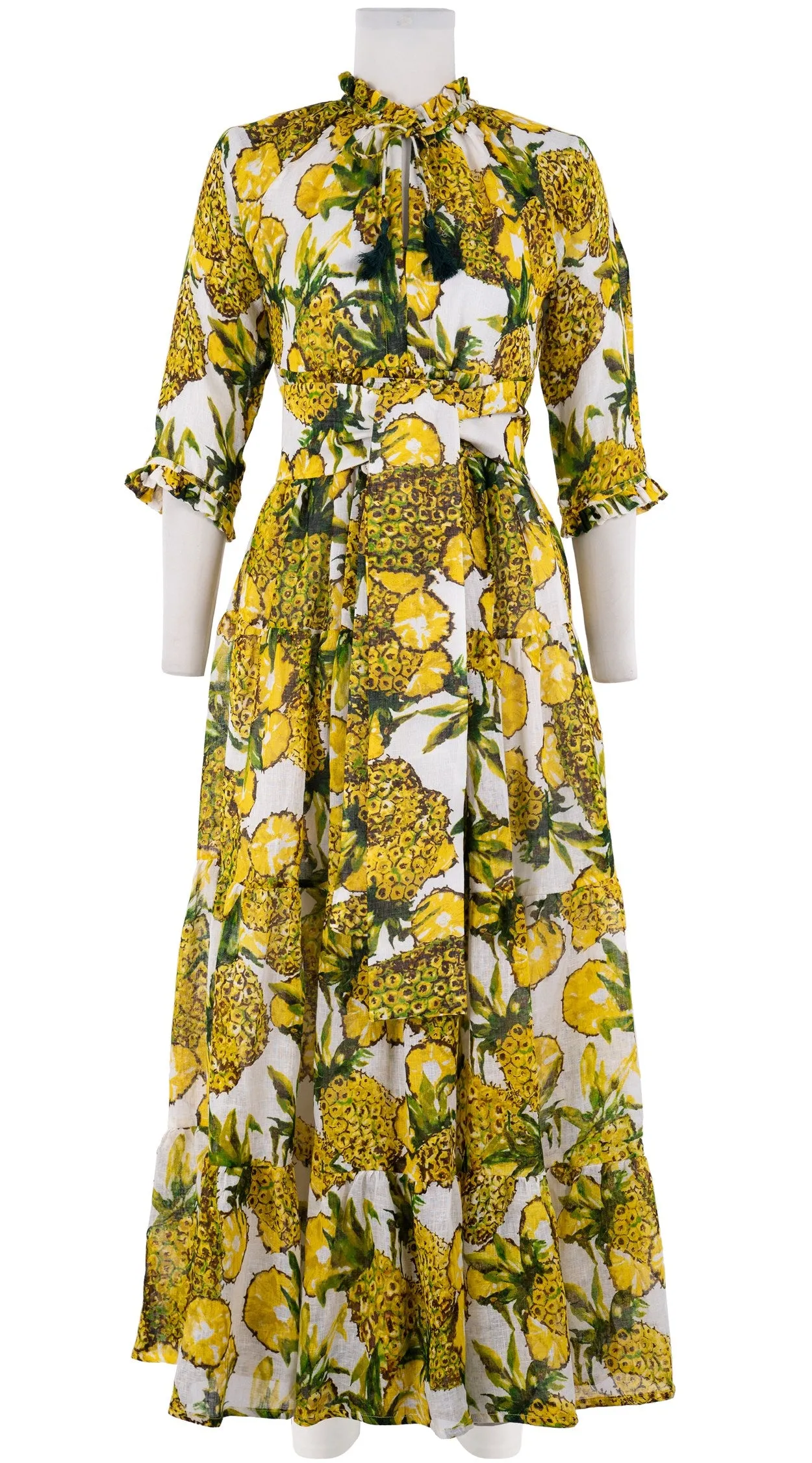 Eden Dress Crew Neck 3/4 Sleeve with Hamilton Belt Maxi  3 Length Linen (Pineapple Tree Big)