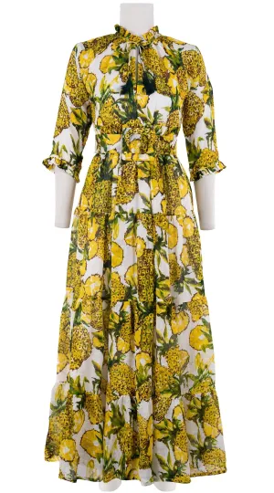 Eden Dress Crew Neck 3/4 Sleeve with Hamilton Belt Maxi  3 Length Linen (Pineapple Tree Big)
