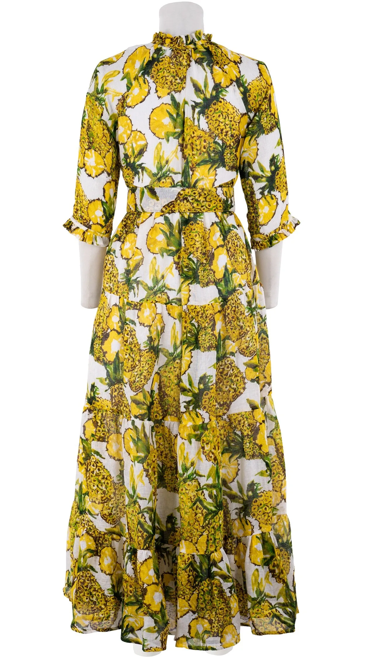 Eden Dress Crew Neck 3/4 Sleeve with Hamilton Belt Maxi  3 Length Linen (Pineapple Tree Big)