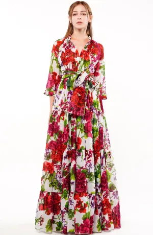 Eden Dress Crew Neck 3/4 Sleeve with Hamilton Belt Maxi Plus Length Cotton Musola (Bougainvillea Blossom Small)