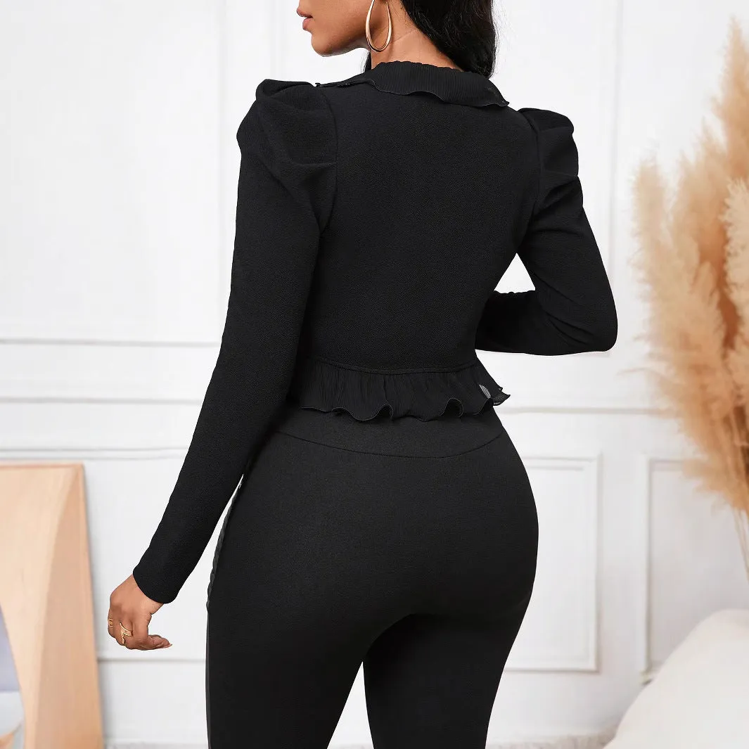 Elegant Ruffle Trim Cropped Jacket with Structured Puff Sleeves
