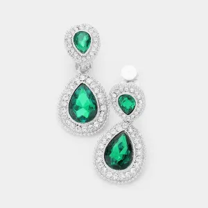 Emerald Green Crystal Pave Trim Teardrop Clip on Earrings