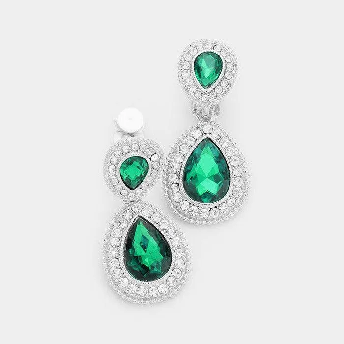 Emerald Green Crystal Pave Trim Teardrop Clip on Earrings