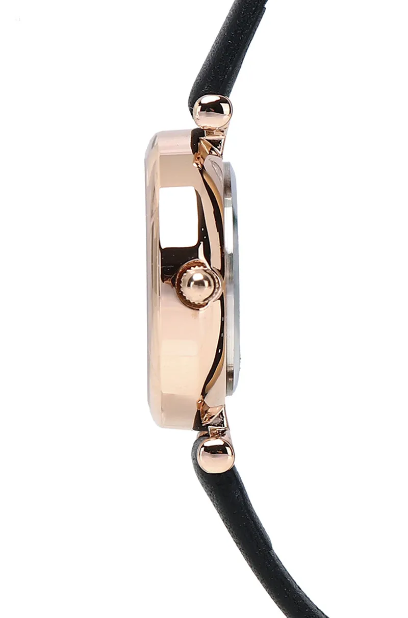 Endora Rose Gold Leather Strap Watch Metal Analog (Black)
