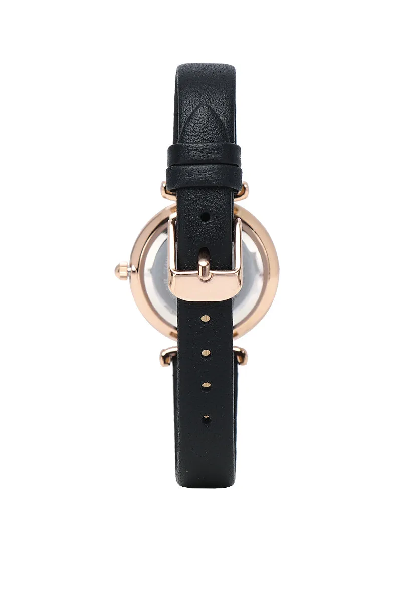 Endora Rose Gold Leather Strap Watch Metal Analog (Black)
