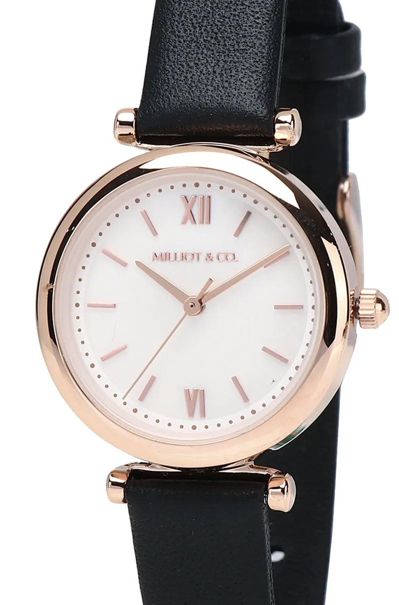 Endora Rose Gold Leather Strap Watch Metal Analog (Black)