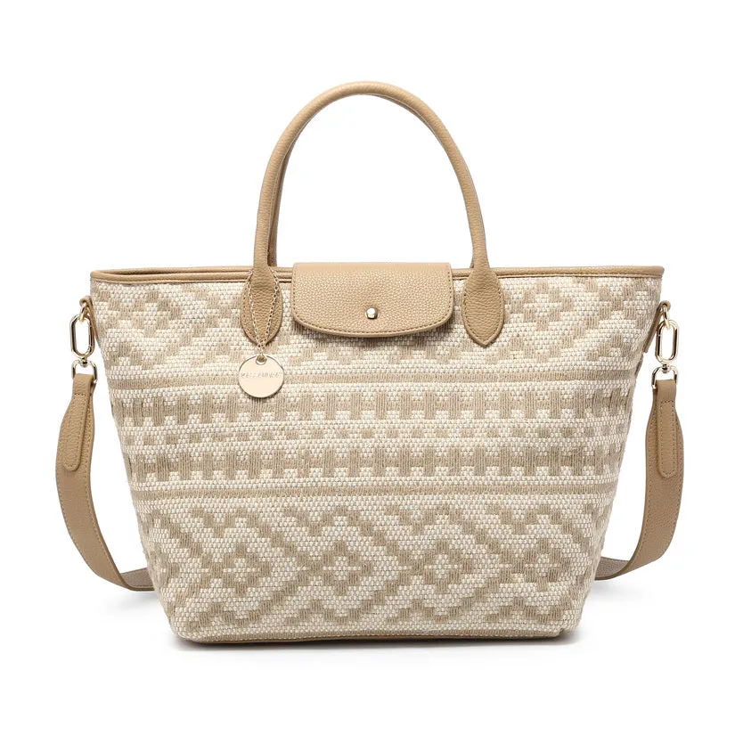 Ethnic geometric pattern woven tote with detachable strap and charm wholesale