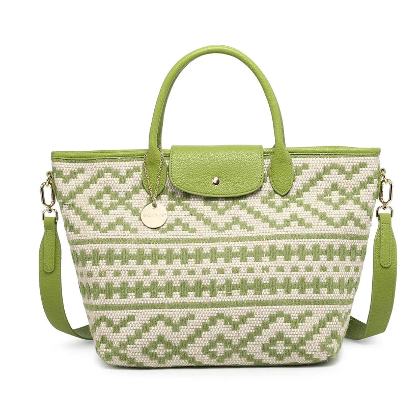 Ethnic geometric pattern woven tote with detachable strap and charm wholesale