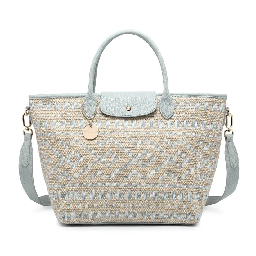 Ethnic geometric pattern woven tote with detachable strap and charm wholesale