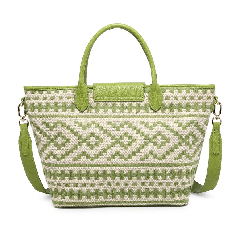 Ethnic geometric pattern woven tote with detachable strap and charm wholesale