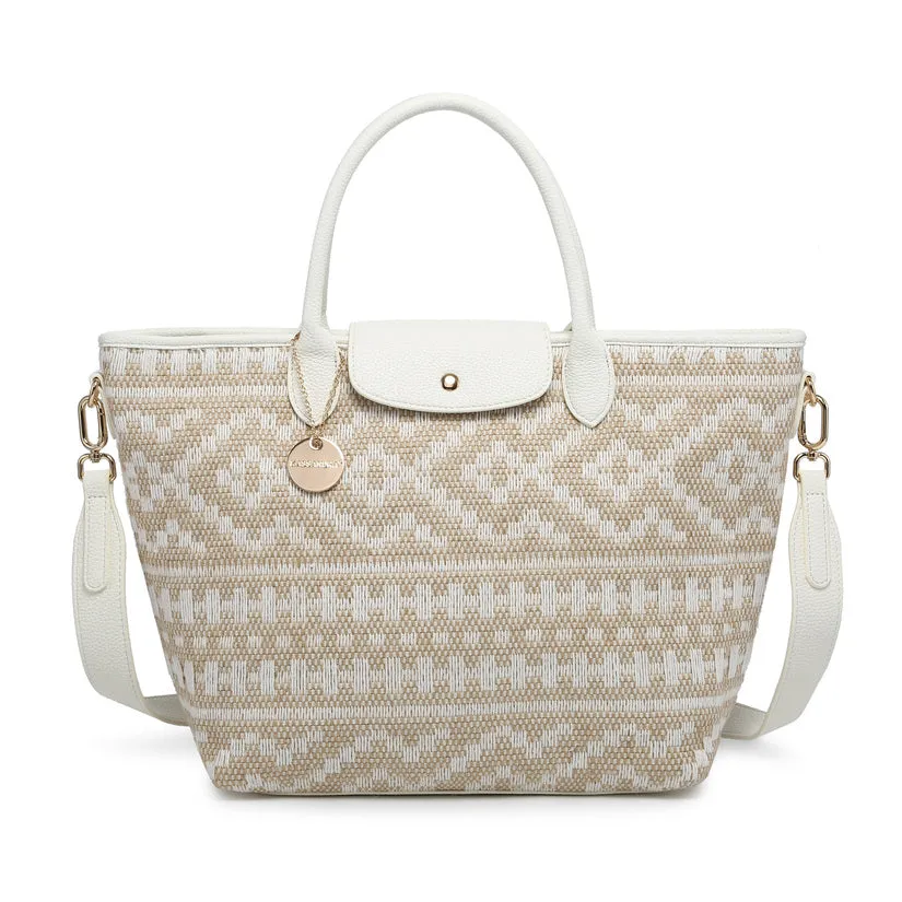 Ethnic geometric pattern woven tote with detachable strap and charm wholesale