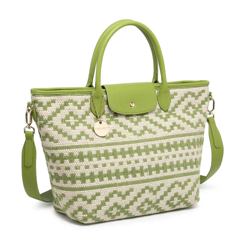 Ethnic geometric pattern woven tote with detachable strap and charm wholesale