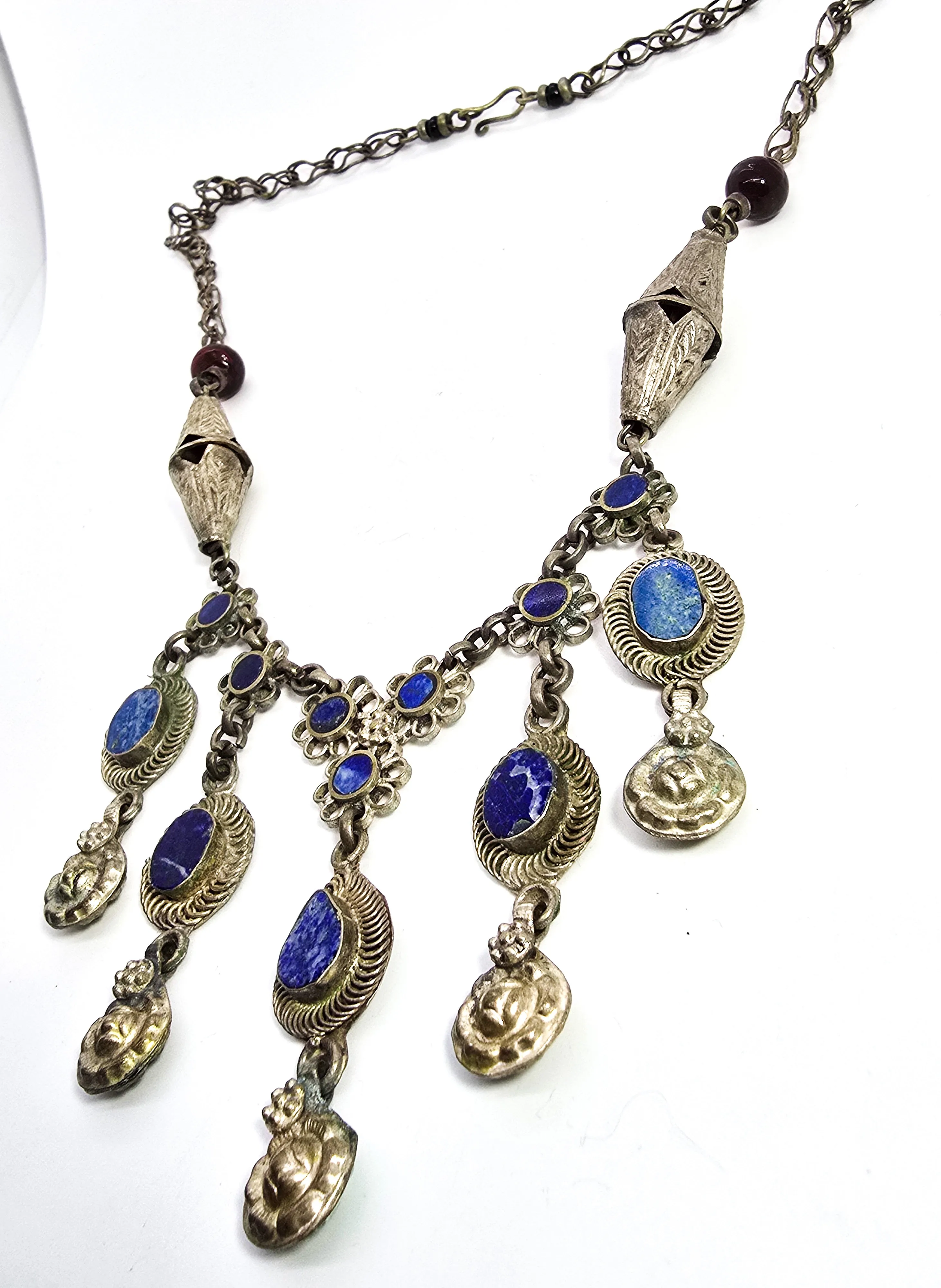 Ethnic Kuchi Style vintage Necklace in Silver Metal and Lapis-Lazuli gemstone