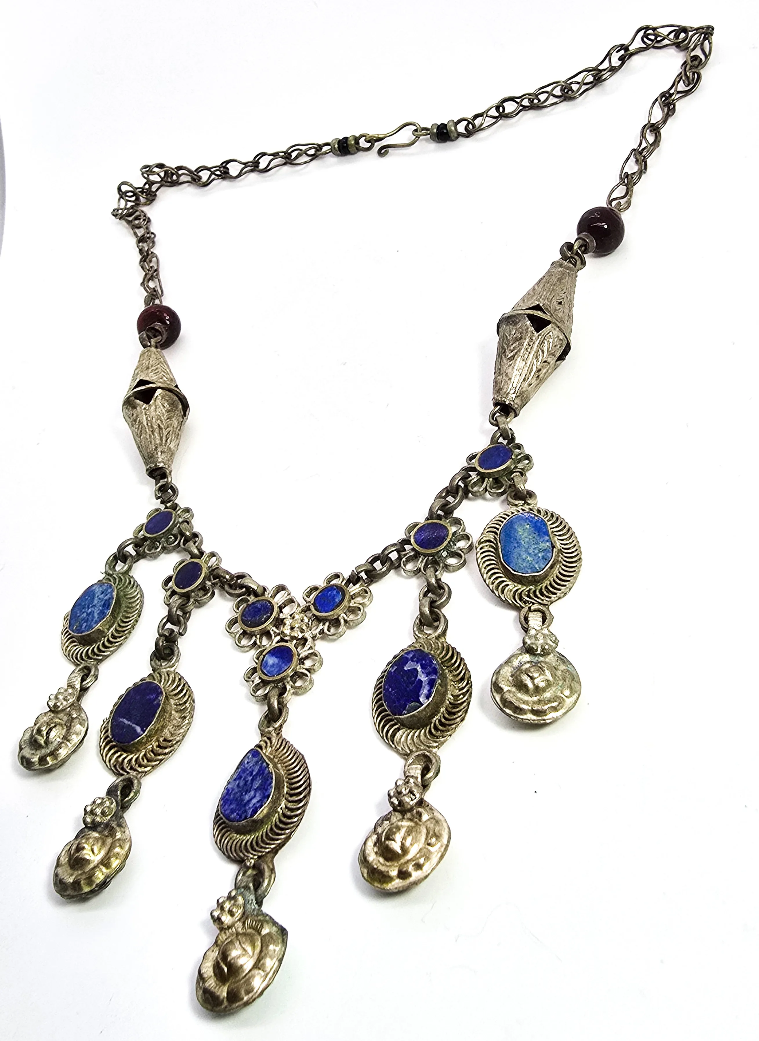 Ethnic Kuchi Style vintage Necklace in Silver Metal and Lapis-Lazuli gemstone