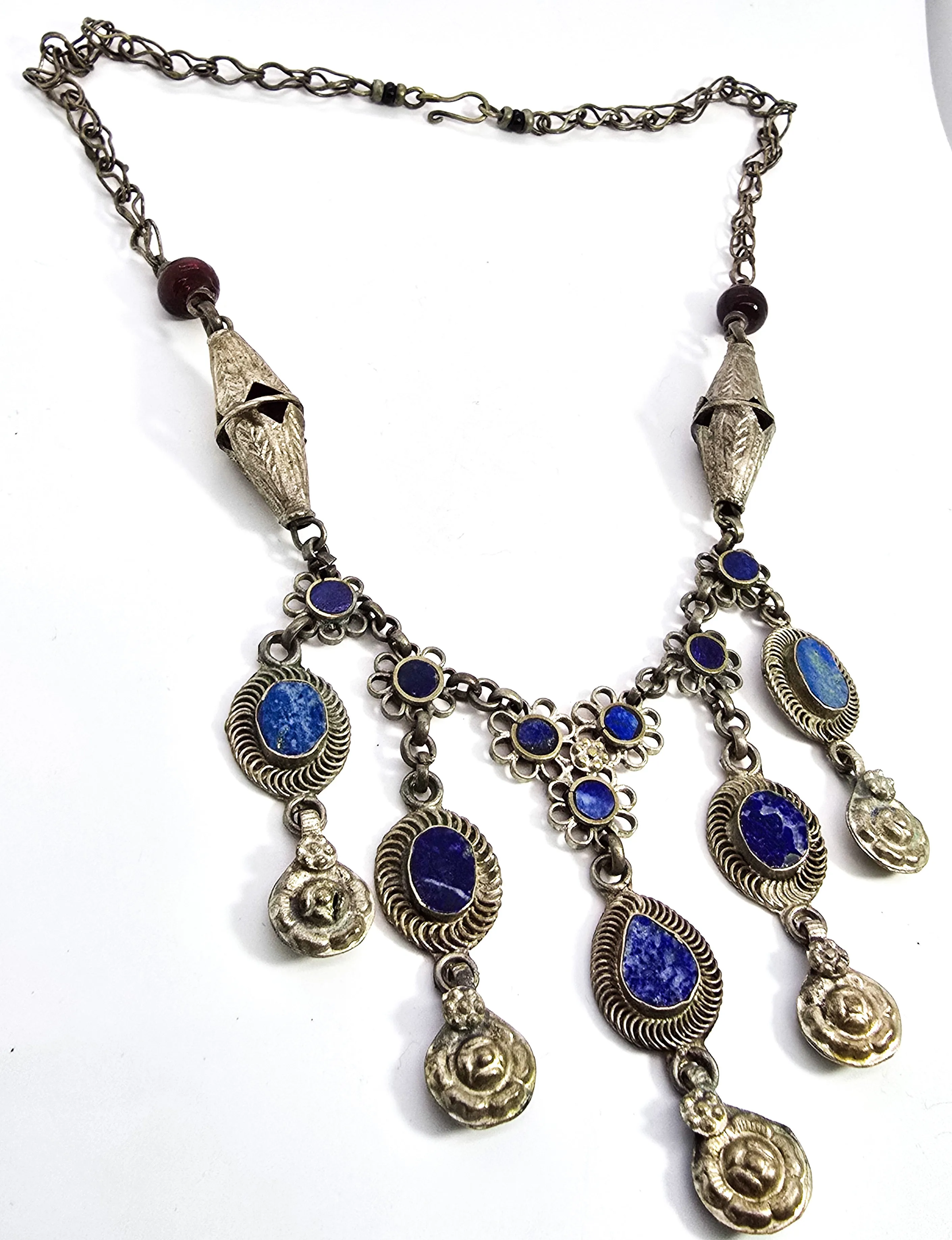 Ethnic Kuchi Style vintage Necklace in Silver Metal and Lapis-Lazuli gemstone