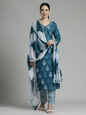 Ethnic Motif Cotton Blue Kurta Set With Dupatta