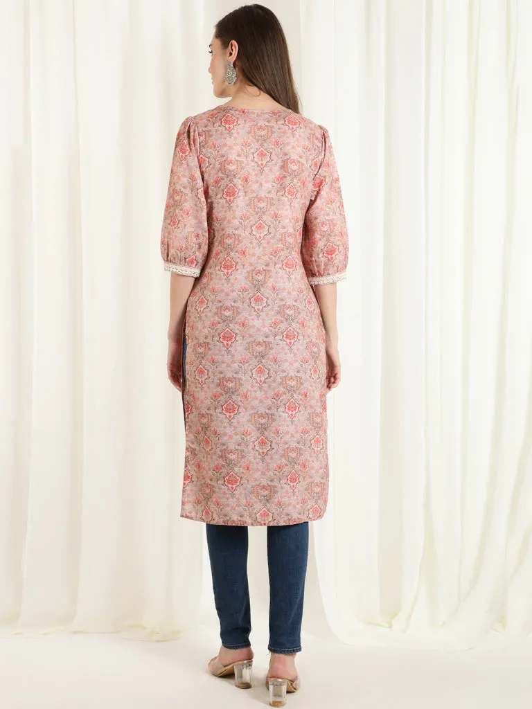 Ethnic Printed Peach Straight Kurta With Lace