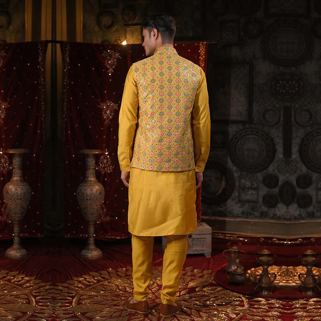 Ethnic Yellow Embroidered Kurta & Jacket