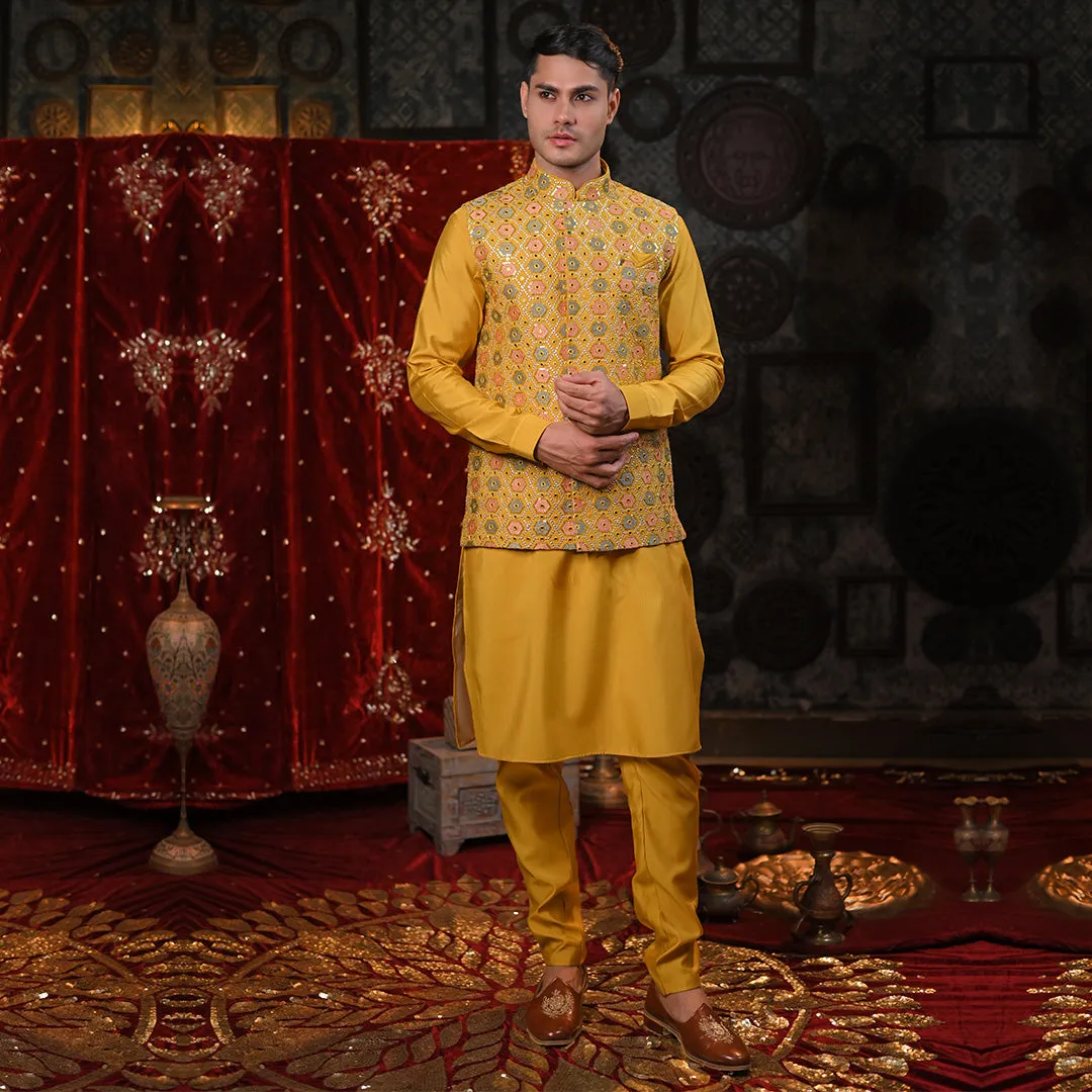 Ethnic Yellow Embroidered Kurta & Jacket
