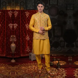 Ethnic Yellow Embroidered Kurta & Jacket
