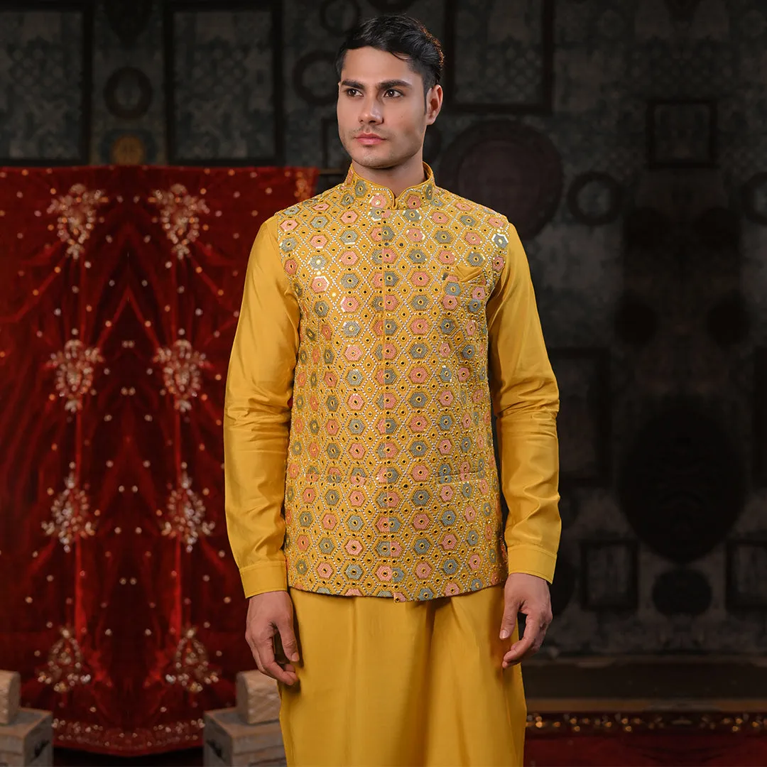 Ethnic Yellow Embroidered Kurta & Jacket