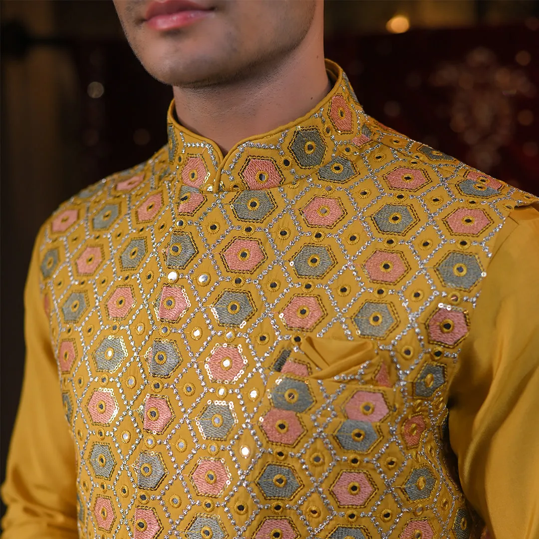 Ethnic Yellow Embroidered Kurta & Jacket
