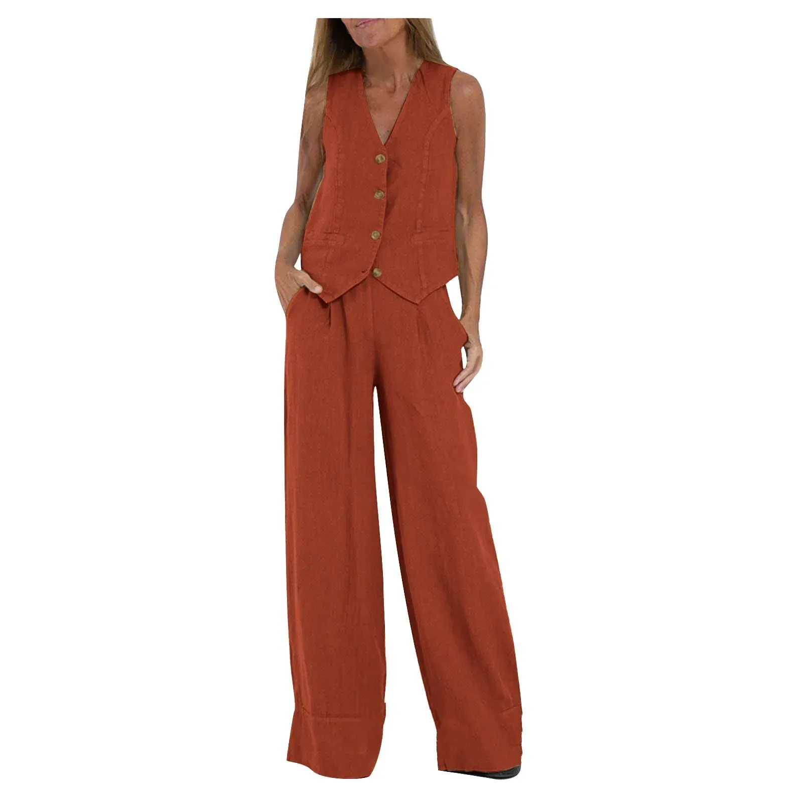 Fashionable High-waisted Wide-leg Trousers Suit For Women, Casual Commuting Temperament Vest And Vest 2-piece Set