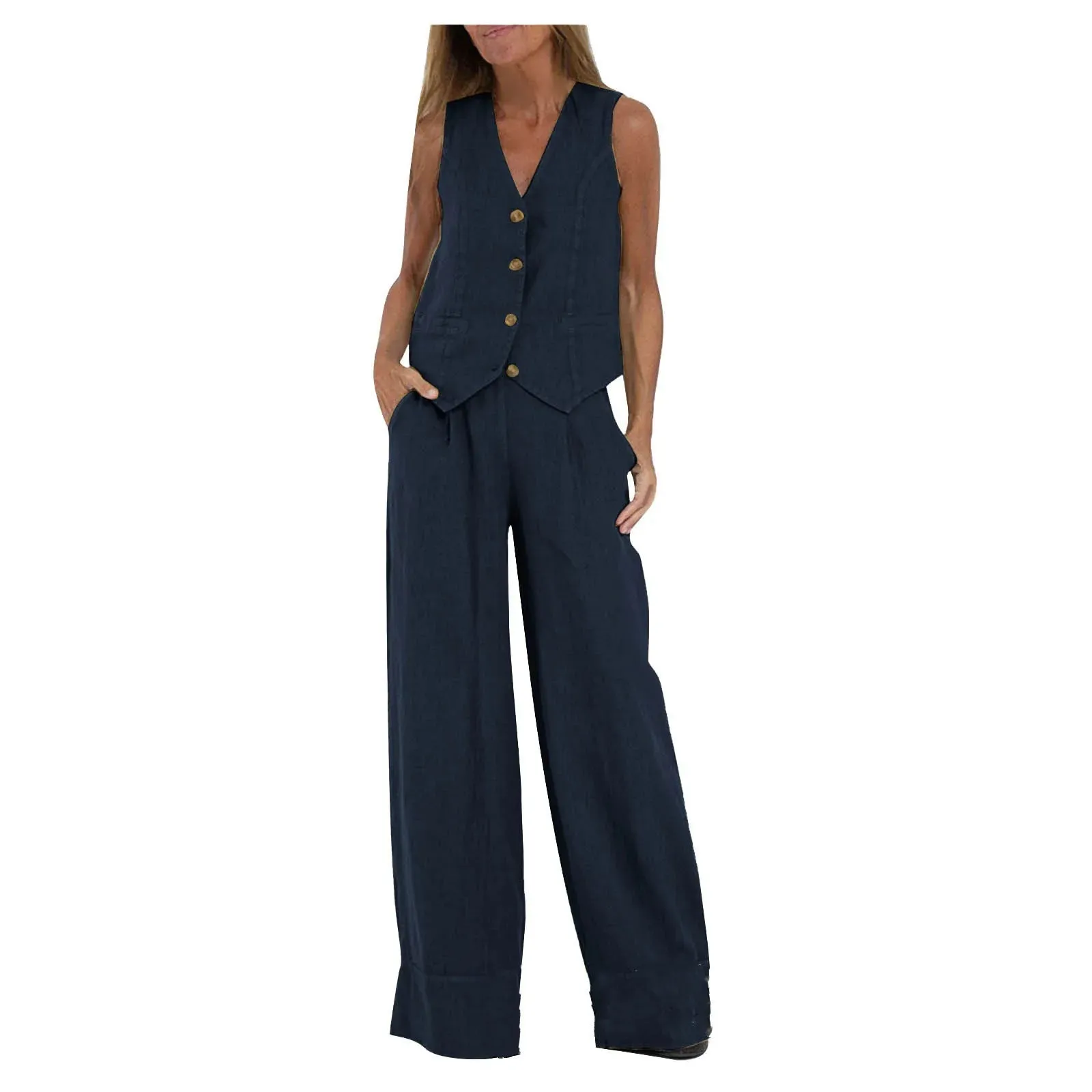 Fashionable High-waisted Wide-leg Trousers Suit For Women, Casual Commuting Temperament Vest And Vest 2-piece Set