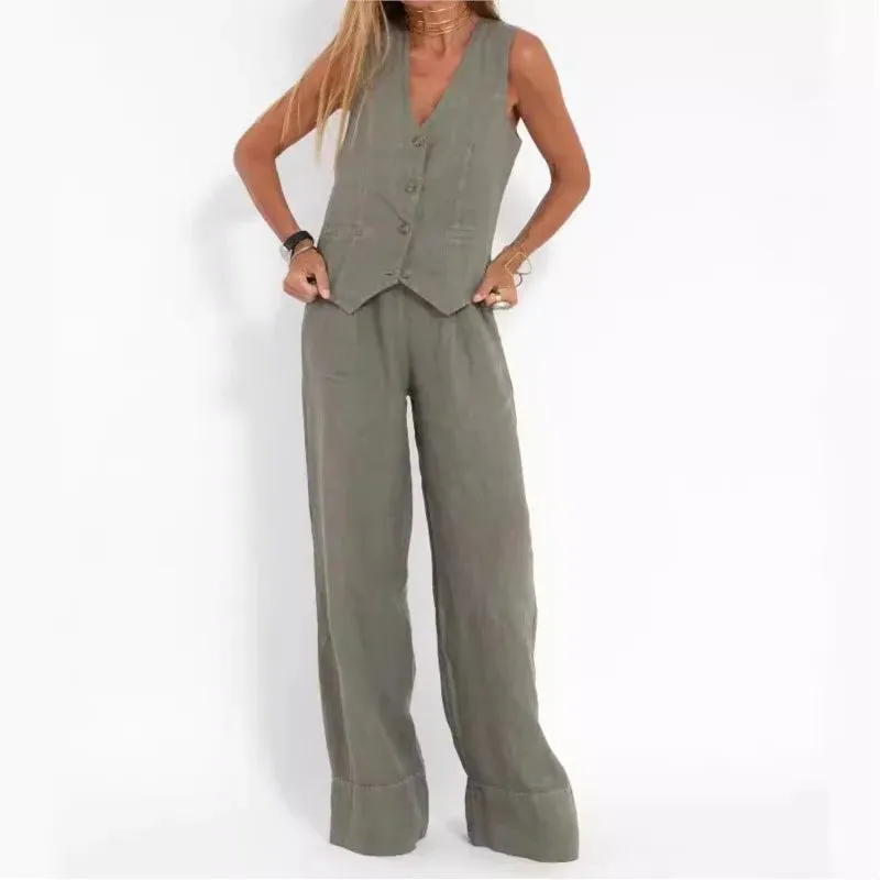 Fashionable High-waisted Wide-leg Trousers Suit For Women, Casual Commuting Temperament Vest And Vest 2-piece Set