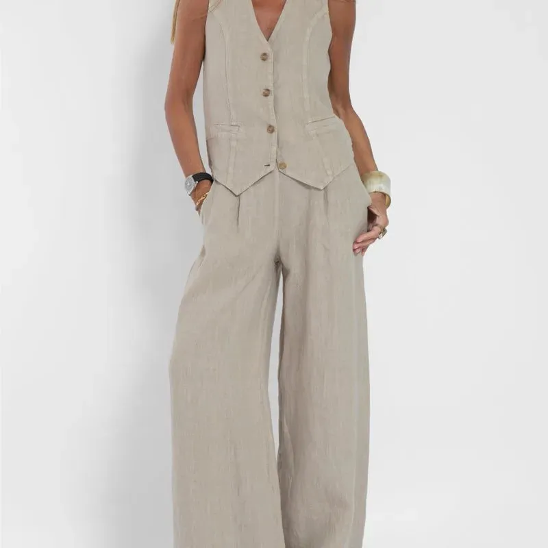 Fashionable High-waisted Wide-leg Trousers Suit For Women, Casual Commuting Temperament Vest And Vest 2-piece Set