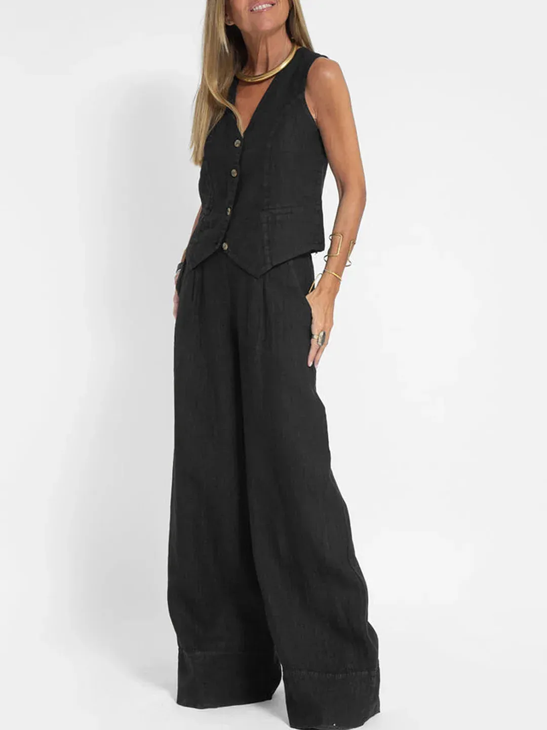 Fashionable High-waisted Wide-leg Trousers Suit For Women, Casual Commuting Temperament Vest And Vest 2-piece Set