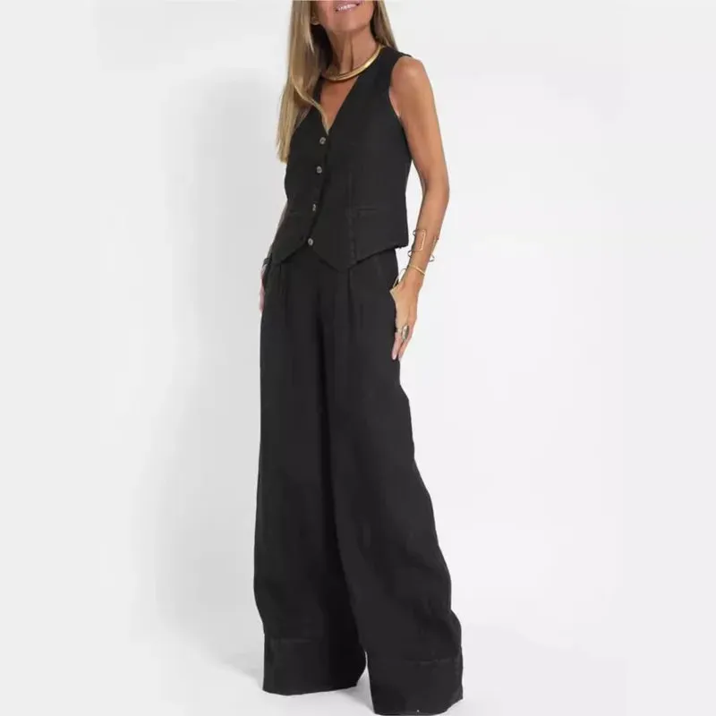 Fashionable High-waisted Wide-leg Trousers Suit For Women, Casual Commuting Temperament Vest And Vest 2-piece Set